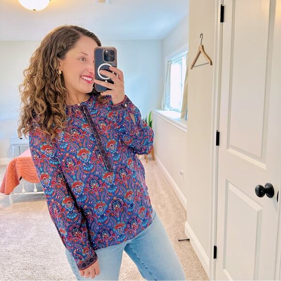 LOFT Tops - LOFT The Softened Shirt Blue Red Block Print Long Sleeve Blouse Top Small